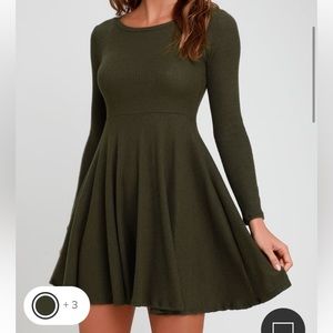Lulus Fit and Fair Olive Green Ribbed Knit Long Sleeve Dress - small